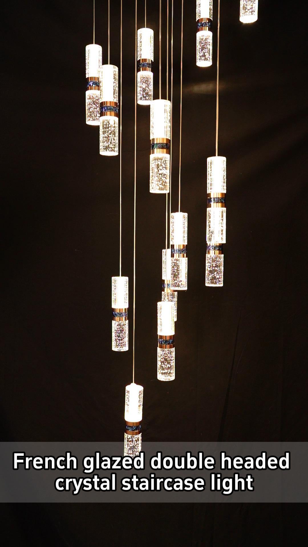 French Glazed Double-Headed Crystal Staircase Pendant Light